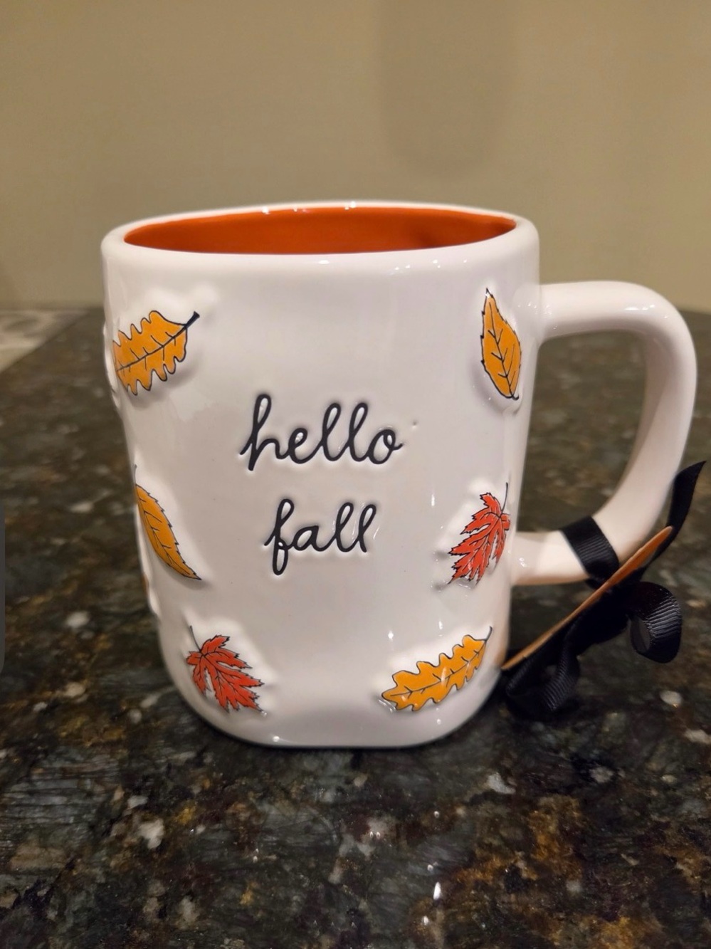 Rae Dunn Hello Fall Ceramic Mug - White with Orange Interior